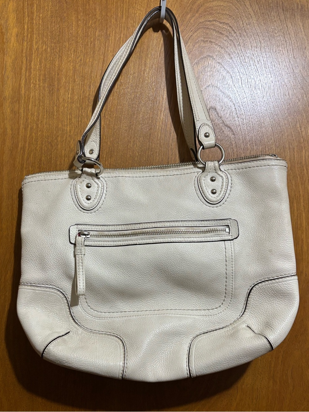 Coach Cream Leather Shoulder Tote with Front Zip Pocket